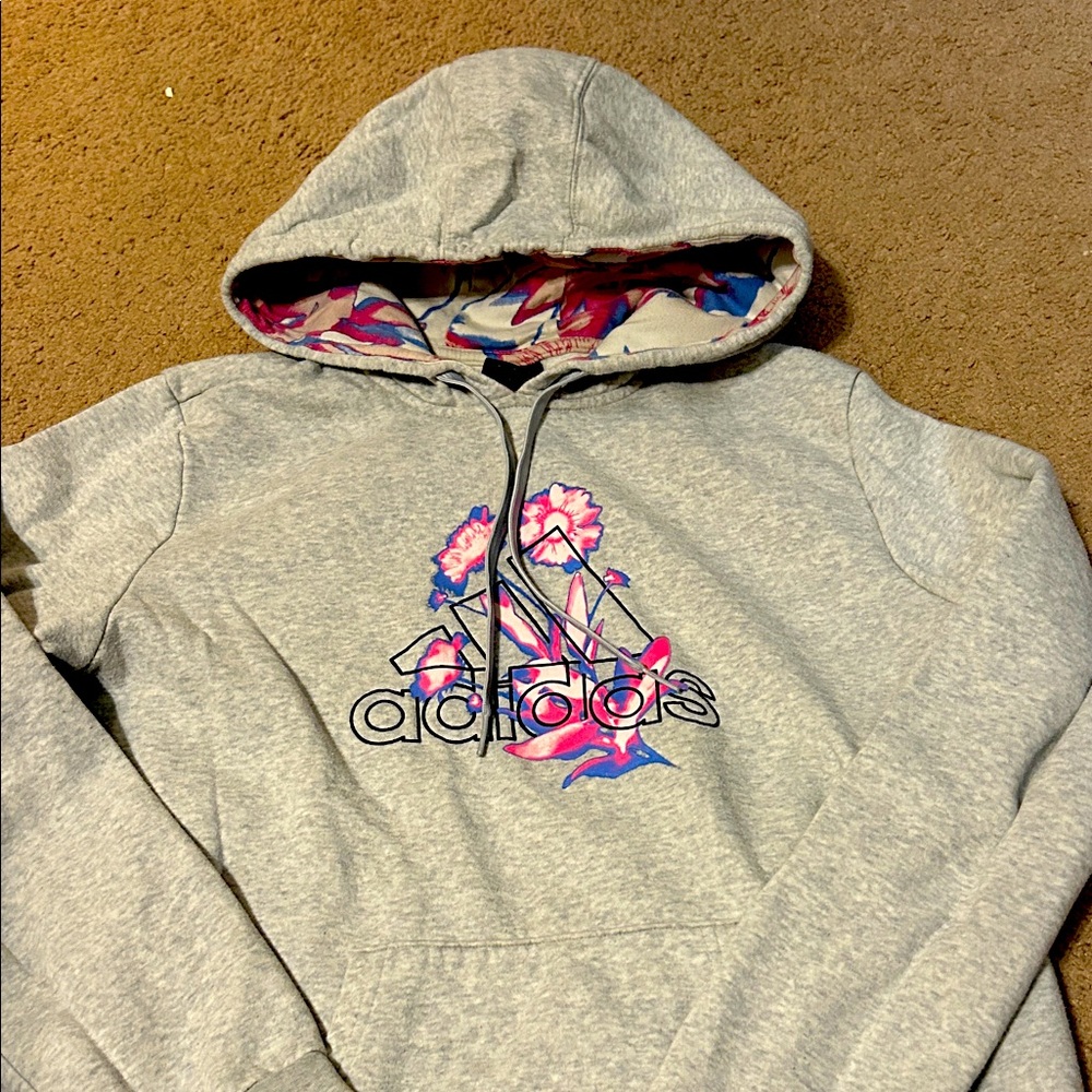 Adidas Heather Gray Hoodie with Floral Design